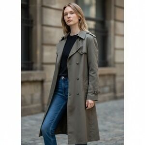 Misty Harbor Women's Classic Double Breasted Trench Coat Olive Long Size 42